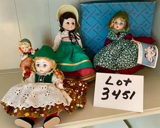 Lot 3451.  $28.00. Lot of 3 Madame Alexander Nationality dolls: Italy, Denmark (with box) and Tyrolean doll. 8" each.  A bonus of Tyrolean figurine from Japan.