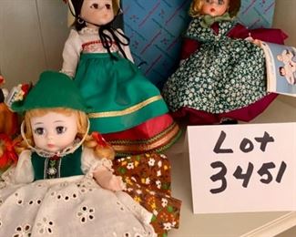 Lot 3451.  $28.00. Lot of 3 Madame Alexander Nationality dolls: Italy, Denmark (with box) and Tyrolean doll. 8" each.  A bonus of Tyrolean figurine from Japan.
