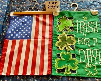 Lot 3455. $10.00. Lot of 2 Garden flags; 'Irish for a day" and the American Flag		