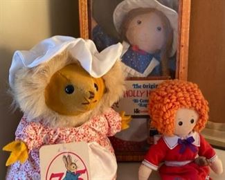 
Lot 3457.  $65.00. Holly Hobbie Bi-Centennial soft cloth doll new in box; 75th Anniversary Beatrix Potter doll 'Mrs. Tiggy Winkle and 'The Tale of Mrs. Tiggy-Winkle" plus a mini soft Annie doll from the musical, "Annie".  She sings "Tomorrow".  (Just kidding, lol).  Screen reader support enabled.
