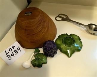 Lot 3434.  $26.00  Teak Dolphin Bowl, salad servers, grape jam server and leaf plate "Willy" from 70s	5.5" H x 10" W	