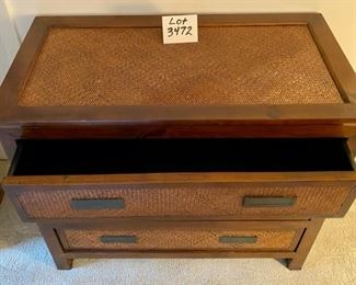Lot 3472. $160.00. 3 drawer dresser or occasional chest. Woven look top and side and is in good shape. All it needs is a home in Key Largo!   36"x19"x31"t