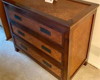 Lot 3472. $160.00. 3 drawer dresser or occasional chest. Woven look top and side and is in good shape. All it needs is a home in Key Largo! 36"x19"x31"t