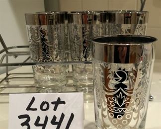 Lot 3441.  $55.00.  Midcentury Kimiko Knights Highball glasses w/caddy (7 glasses)		