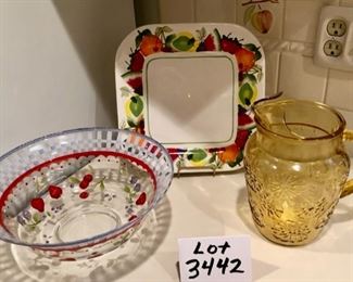 Lot 3442. $36.00.  Sonoma Fruit Punch Platter (11"sq), Glass Fruit Serving Bowl (11.5x5"t), Amber pitcher (8"t)		