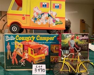 Lot 3490. $40.00. Barbie Vintage Country Camper, with a fold-out sleeping tent, plus 2 camp stools,, Sleeping bags, and Barbie's 10 Speeder Bike, with box. (box is a little rough but does the job) Played With Condition.  