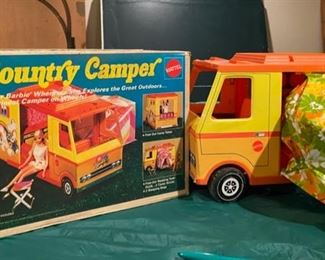 Lot 3490. $40.00. Barbie Vintage Country Camper, with a fold-out sleeping tent, plus 2 camp stools,, Sleeping bags, and Barbie's 10 Speeder Bike, with box. (box is a little rough but does the job) Played With Condition.  