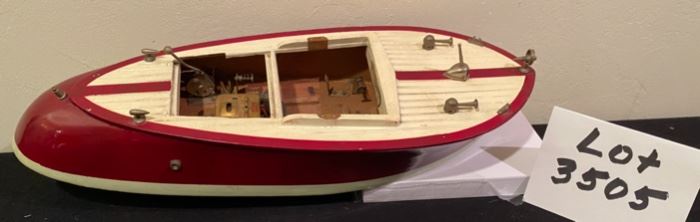 Lot 3505  Vintage $85.00  1950 Ito Model KK Sel Sak Usho Tokyo Wood Model Boat, Battery Operated.  Made in Japan. The boat is not perfect but considering the age 70 years it is really great looking piece.  The motor has not been tested.