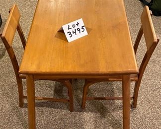 Lot 3495 $45.00.  Indestructible Vintage Wood Children's Play Table w/2 Chairs 25"x18"x18.5"t