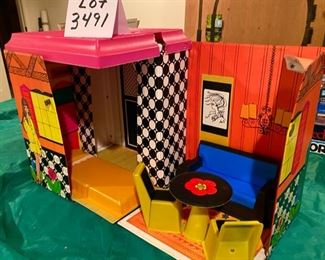 Lot 3491. $30.00. Barbie Family House 1968 Made in USA. Includes 2 chairs, table sofa, and plastic mattress. Condition is played with, but not awful