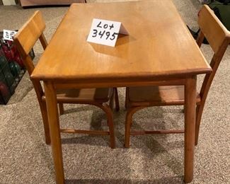 Lot 3495 $45.00.  Indestructible Vintage Wood Children's Play Table w/2 Chairs 25"x18"x18.5"t