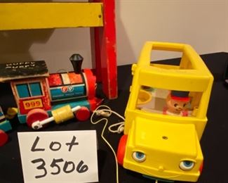 Lot 3506.  $60.00. Playskool Vintage Wood Work Bench, Fisher-Price Huffy Puffy 3 pc Train, FP Cash Register, FP Plastic Bus (no Bus Riders).  Very fun for kids and collectible as well.  