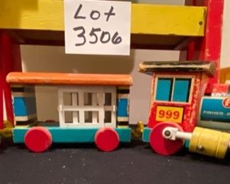 Lot 3506.  $40.00. Playskool Vintage Wood Work Bench, Fisher-Price Huffy Puffy 3 pc Train, FP Cash Register, FP Plastic Bus (no Bus Riders).  Very fun for kids and collectible as well.  