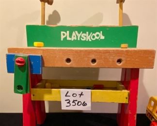 Lot 3506.  $40.00. Playskool Vintage Wood Work Bench, Fisher-Price Huffy Puffy 3 pc Train, FP Cash Register, FP Plastic Bus (no Bus Riders).  Very fun for kids and collectible as well.  