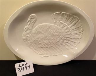Lot 3497. $18.00. White Ceramic Turkey Platter, . 22.5"x17"d. Made in Italy. In perfect shape. 