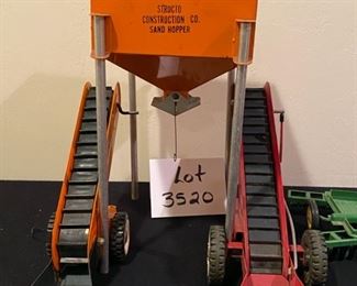Lot 3520  $65.00. Vintage Metal Toys by Tonka, Structo and Ertl.  1. Structo Construction Co. Sand Hopper, 2. Structo Sand Loader, 3. Tonka Sand Loader and 4.  John Deere Disc Cultivator is included in another Lot
