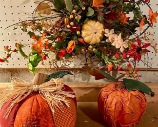 Lot 3508.  $32.00. Quilted Pumpkin, a Paper Mache pumpkin, Ceramic Pumpkin and Fall floral Door/wall wreath (17"x17"). Perfect for NOW