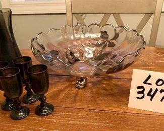Lot 3474. $30.00.  Silver and Glass Footed Serving Bowl (11"dia), with fluted edge, Set of four silverplated cordials from W&S Blackinton Co.,  Silverplated Vase