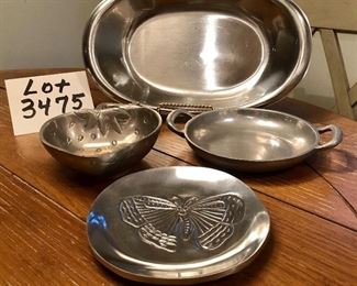 Lot 3475. $20.00. Pewter Strawberry Bowl, Pewter 2-Handled Dish, Butterfly Candle Plate, International Stainless Deluxe Oval Server