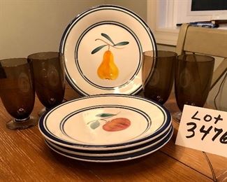 Lot 3476. $24.00. 4 San Marciano Ceramic Dishes, made in Italy. Handpainted (ok for the dishwasher), Brown Glass Water Goblets with clear base (6" t)