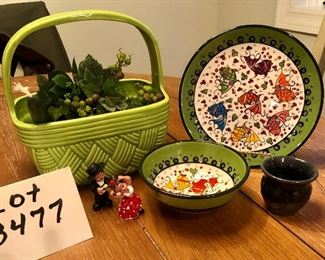 Lot 3477. $30.00 Green Basket w/2 candle wreaths & 1 candle, handmade studio pottery bowl & plate signed by artist Nimet (very attractive), a cute small pottery bowl, and a pair of Spanish Dancers.  Ole!