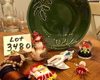 Lot 3480. $30.00.  Lovely Lenox Rustic Pine Holiday Bowl (10" dia), 5 ornaments, including Elvis Presley, a Snowman, and a small snow globe