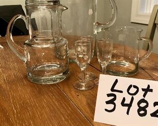 Lot 3482.  $70.00. Tiffany & Co. Glass" Night Set," Glass mug (w/small flea bite), Taller Pitcher from Romania,  and three cordials.  If by some miracle you have overnight guests in for the Holidays, the night set is a joy to have so if your guest needs water in the middle of the night, it'll be right next to them.  Plus the set is gorgeous crystal!