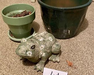 Lot 3525. $32.00. Two planting pots and a froggie with flowers