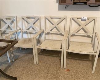 Lot 3528. $80.00. Set of 4 metal outdoor chairs.  Note:  We have a table that matches, but it isn't included because it needs a new glass top.  Could use a cleaning
