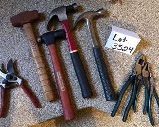 Lot 3524. $120.00. Lot of Hand Tools, everything included in Pictures.  Hammers, Pliers, Ratchets and Sockets, Saw, Pipe Wrenches, Wrenches, Shears, and some unique pieces.  