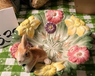 Lot 3535. $40.00. Potted Verbena (9w x 11h x 5d), Bunny Figurine (made in Portugal), Fitz & Floyd  Bowl (Bunny in a bowl of flowers), and a cute straw and woven bunny with basket.  Sweet Lot!