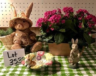 Lot 3535. $40.00. Potted Verbena (9w x 11h x 5d), Bunny Figurine (made in Portugal), Fitz & Floyd  Bowl (Bunny in a bowl of flowers), and a cute straw and woven bunny with basket.  Sweet Lot!