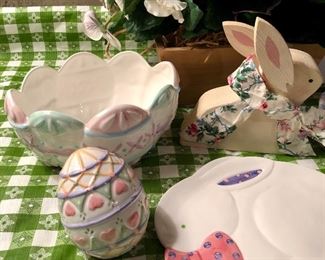 Lot 3436. $48.00. Spring Lot! Fitz and Floyd Easter Bunny Wall Plate, F&F Egg Shaker, Silvestri Bowl, Dpt 56 Bunny Plate, Floral Potted Faux Pansy