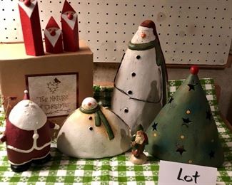 Lot 3538. $48.00. The Nature of Christmas Demdaco Santa (in the box), Fantastic Craft Figures: Cone Tree, Fat Snowman, Snowman with Cap, 3 carved Santas, and one Folk Art Santa signed by the artist