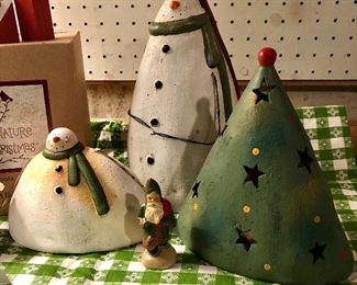 Lot 3538. $48.00. The Nature of Christmas Demdaco Santa (in the box), Fantastic Craft Figures: Cone Tree, Fat Snowman, Snowman with Cap, 3 carved Santas, and one Folk Art Santa signed by the artist