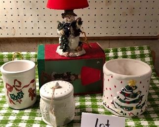 Lot 3544. $30.00. Christmas Fantasy  Snowman Lamp, Chapannal Pottery Crock, Ceramic Treat Jar by Lefton, Yankee Candle (Fraser Fir scent)