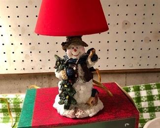 Lot 3544. $30.00. Christmas Fantasy  Snowman Lamp, Chapannal Pottery Crock, Ceramic Treat Jar by Lefton, Yankee Candle (Fraser Fir scent)