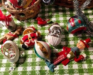 Lot 3546.   $50.00. Hallmark Enamelwear Bear Container, Santa Embroidered Wall Hanging (so cute), Silver MCM Garland, Silver Beaded Garland, Cool vintage Ornaments, needlepoint ornaments, vintage elf,  and 2 baskets! 