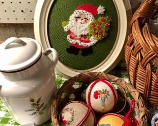Lot 3546.   $50.00. Hallmark Enamelwear Bear Container, Santa Embroidered Wall Hanging (so cute), Silver MCM Garland, Silver Beaded Garland, Cool vintage Ornaments, needlepoint ornaments, vintage elf,  and 2 baskets! 