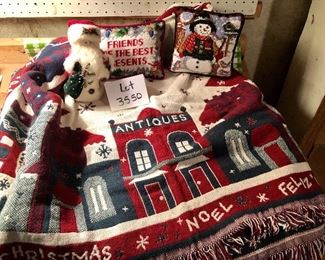 Lot 3550.   $32.00. Holiday Knit Tree Skirt, 2 small needlepoint pillows and 1 corduroy Santa (Bouquet Enterprises)