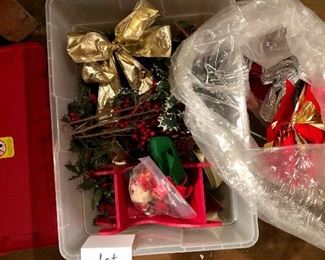 Lot 3551. $18.00  Box of Christmasy Florals and Ribbons, plus a wooden red sleigh and a box of vintage ornaments.  