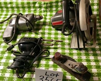 Lot 3565. $40.00.  7.5 Skil Saw, Ram 1/4" heavy drill, Wen Soldering Gun, and a 7" planner