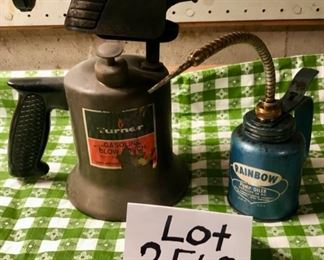 Lot 3568.  $35.00.  Turner Gasoline Blow Torch, Rainbow Pump Oil Can. When you make your 