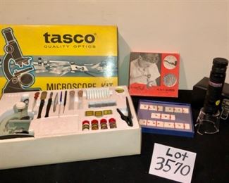 Lot 3570 $100.00  Tasco Quality Optics Micro Kit, "Macroscope" 25 8 x 30 Monocular RF Inter-Science Co., NY,( Retails for $139.00.  Science Craft 4 in 1 slides Porter Chem Co. 