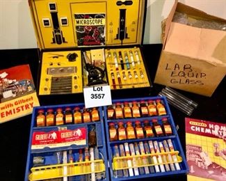 Lot 3557.  $45.00.  Vintage Gilbert Chemistry Set. and box of glass Beakers and Test Tubes, Vintage Gilbert Microscope Chemistry Set (with Polaroid Jr)