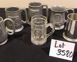 Lot 3580. $36.00  Set of 6 Different Beer Steins in Pewter, Glass and Stainless Steel.