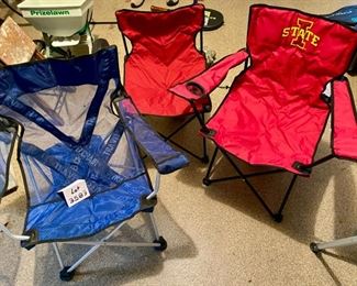Lot 3583. $18.00. 3 folding camp chairs. Iowa State, Mesh "Travel Chair", and an armless camp chair
