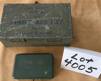Lot 4005. $75.00. Just Added.  Vintage WWII Era Medical Kit and First Aid Metal Box.  The medical kit has bandages and first aid items.  Perfect gift for a vintage WWII buff and Militaria collector.