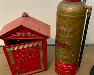 Lot 4010  $175.00. Just Added!  1) Vintage Gamewell Cast Iron Fire Alarm Station Call Box.  Very Heavy!  2) Vintage Copper Fire Extinguisher with Brass Label.  Sod Acid Extinguisher made by Fyr-Fyter Co. of Dayton, Ohio