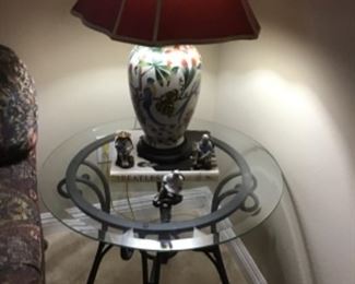 Wrought Iron Side Table and Ceramic Lamp 